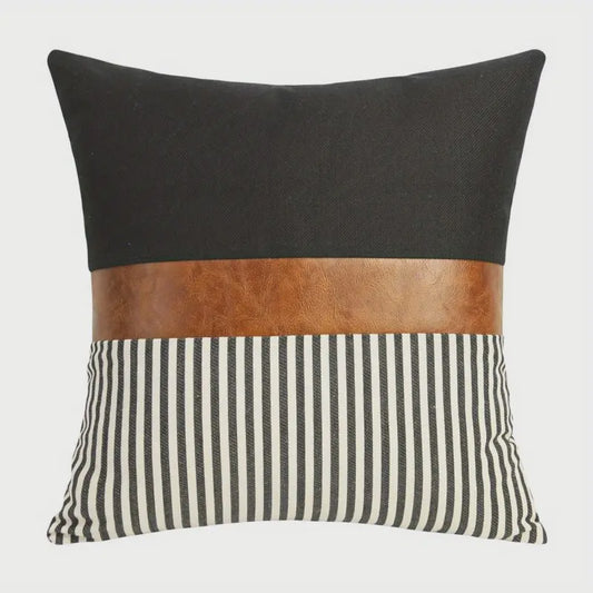 Striped Faux Leather and Linen Cushion Cover