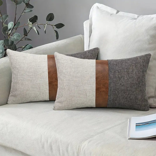 Striped Linen Faux Leather Pillow Cover