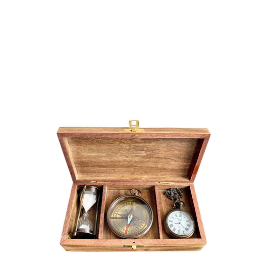 Wooden Gift Box W/Brass Set/3 Clock, Compass, Sand Timer